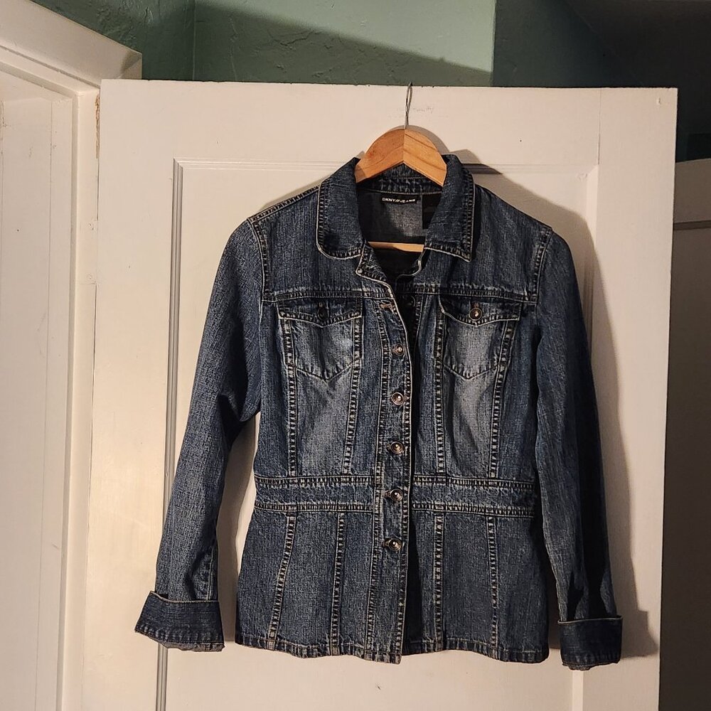 Vintage DKNY Jeans Denim Jacket Medium Y2K Mid Blue Peplum Trucker Womens